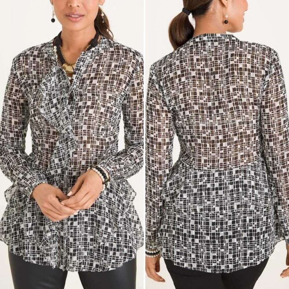 Chico’s‎ Printed Ruffle Top 2 Large black white lightweight blouse career office